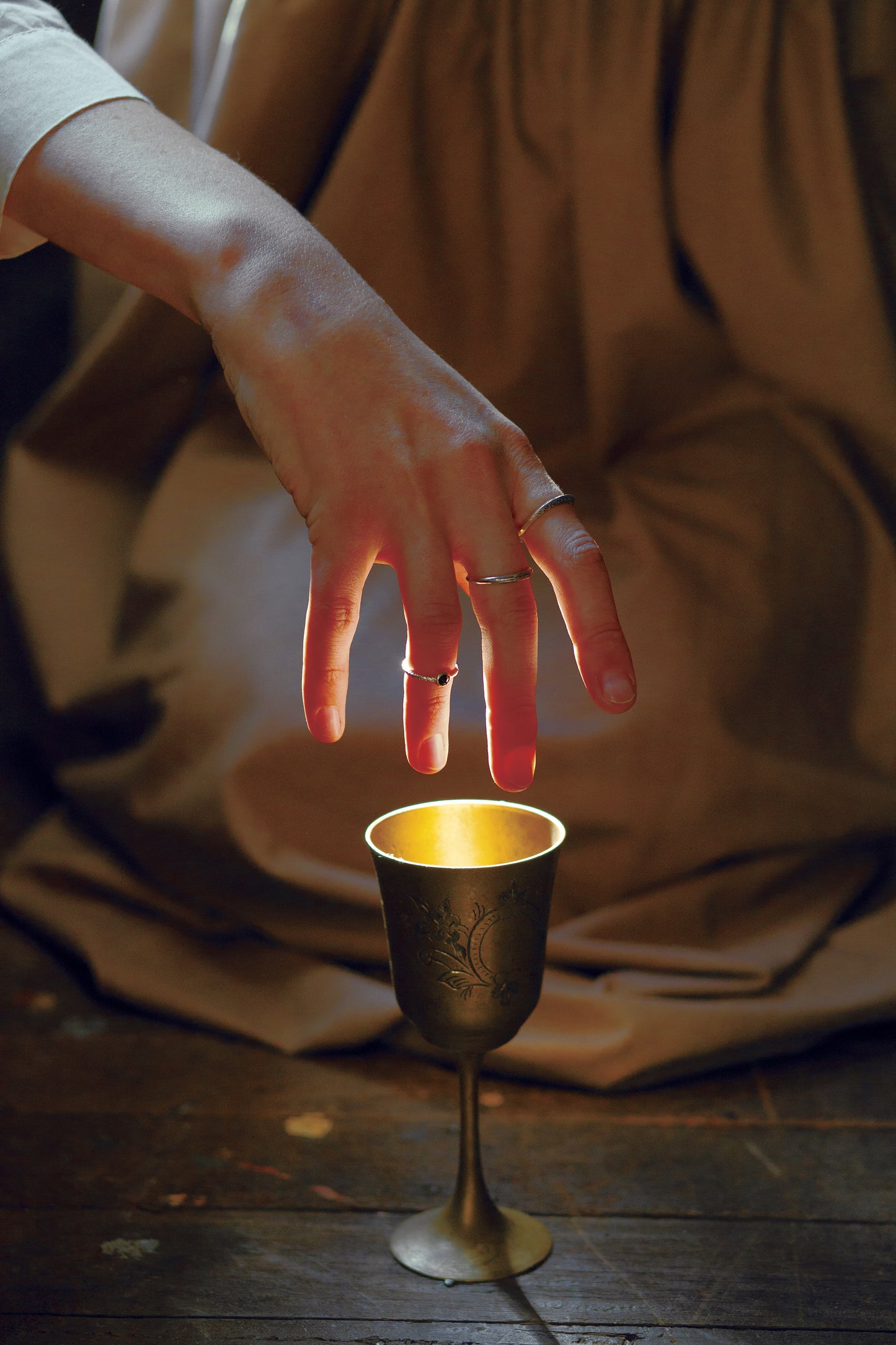 A stylised image of a hand wearing three rings - one on each three fingers. The hand is hovering above a brass goblet with sunlight hitting the fingers of the model and the inside of the goblet. The background shos the creased fabric of a brown dress, touching brown wooden floorboards at the bottom of the image.