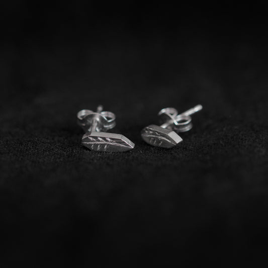 Black background with a pair of silver stud earrings lying flat in the middle. The earrings are an irregular geometric shape with a carving of a twig on the surface.